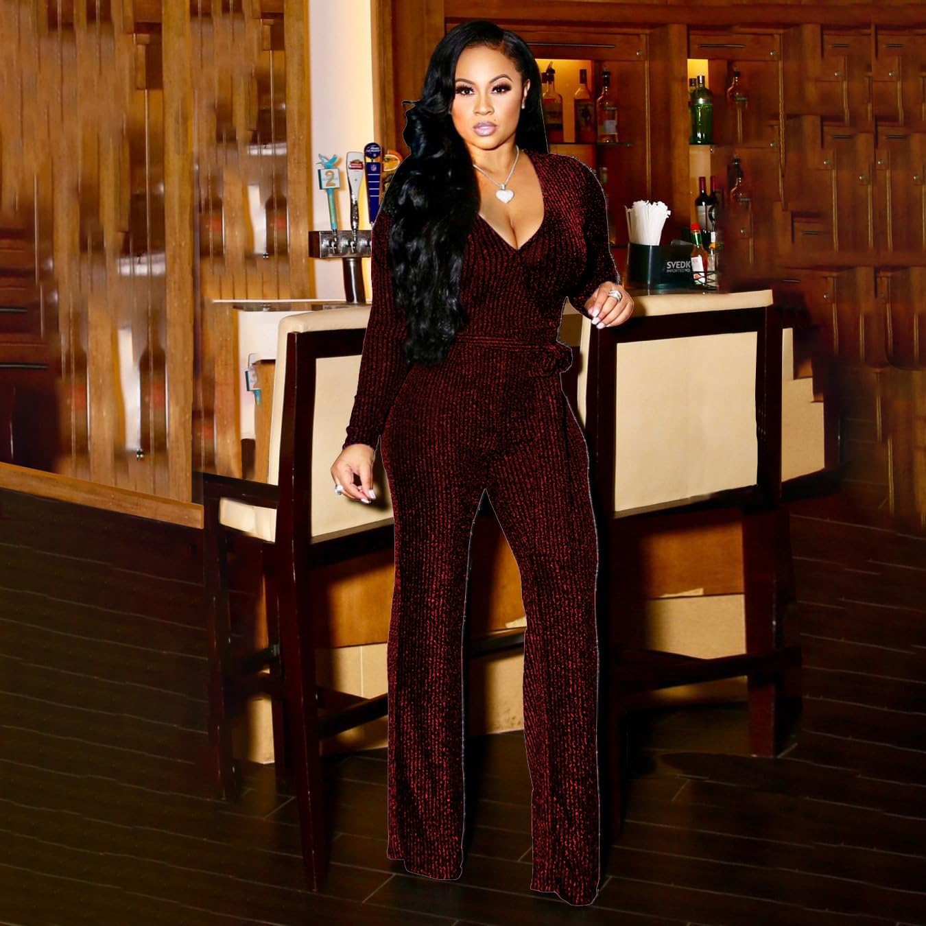 LightlyKiss Women Casual Sexy V Neck Sparkly Jumpsuits Long Sleeve Onesie Loose Pants Party Clubwear with Belt - Image 6