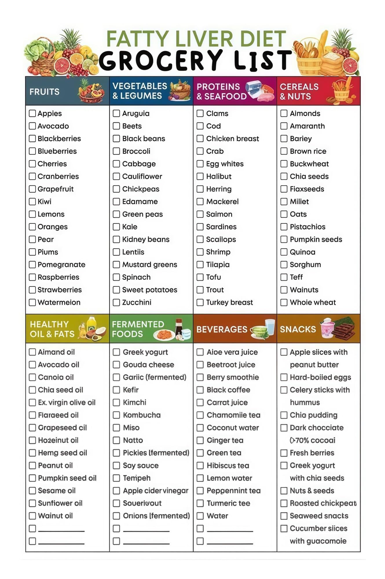 Fatty Liver Detox Food Chart NAFLD NASH Diet Grocery List Nutrition Guide For Liver Health Support Cleanse Healthy Eating(Unframed,08x12inch(20x30cm))