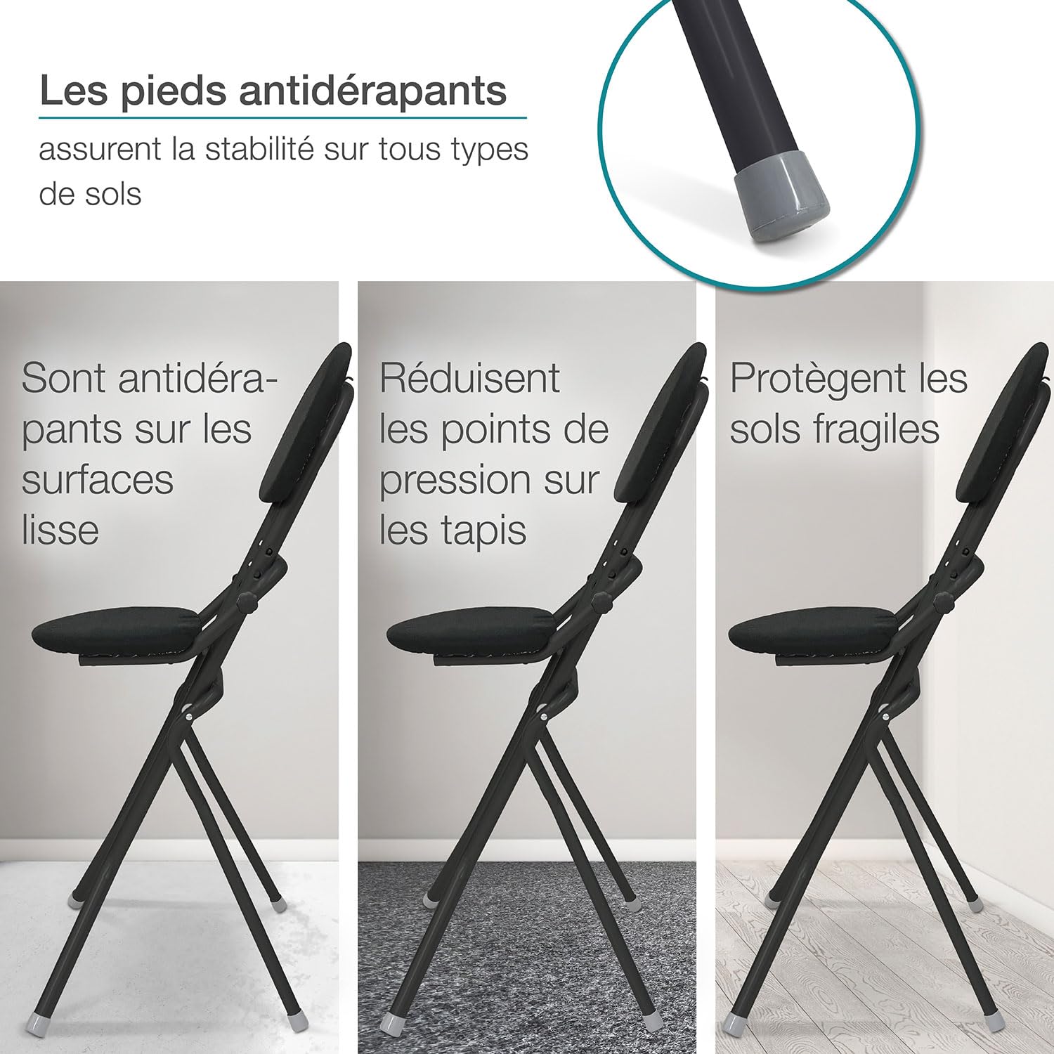 ELONEO Chaise Pliante Rembourrée - Tabouret Pliant Antidérapant, Ergonomique pour Le Dos, Siège Compact, Réglable sur 3 Hauteurs (58-65 cm), Charge Max 120 kg, 45x98x47 cm (Noir)