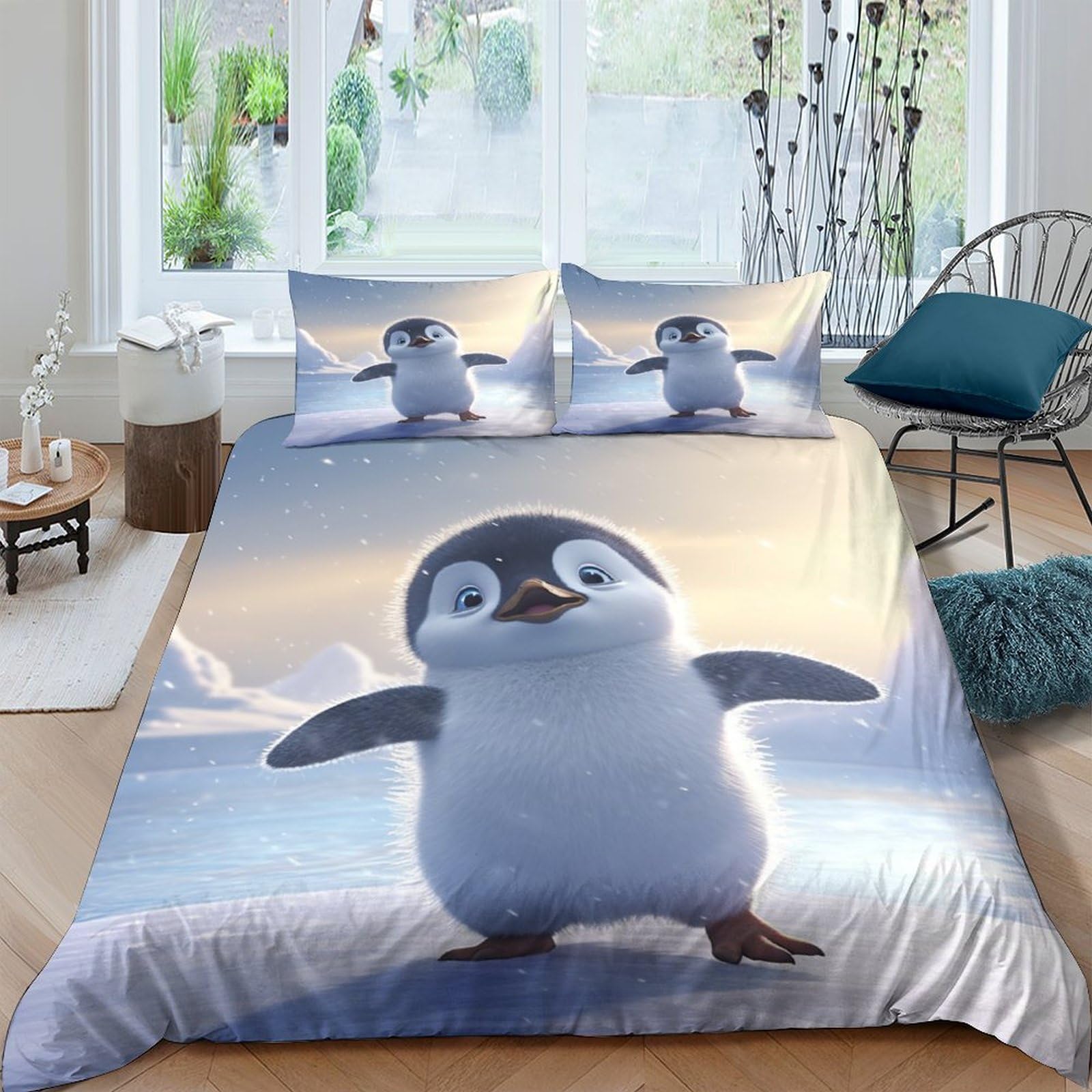 GOOSMI Baby Penguin Quilt Cover Duvet Cover 3D Printed Cute Penguin for Boys Girls Comforter Covers Bedding Set Soft Microfiber with Zipper Closure with Pillow Cases 3 Pieces Double(200x200cm) — image 1