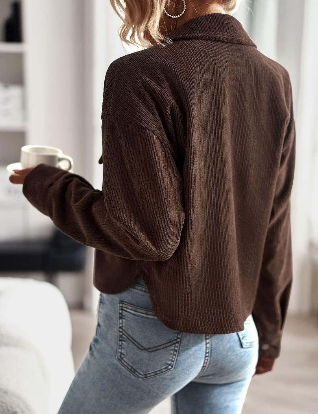 Kwoki Women's Corduroy Jackets Casual Button Down Cropped Shacket Fashion Trendy Crop Top Blazers - Image 5