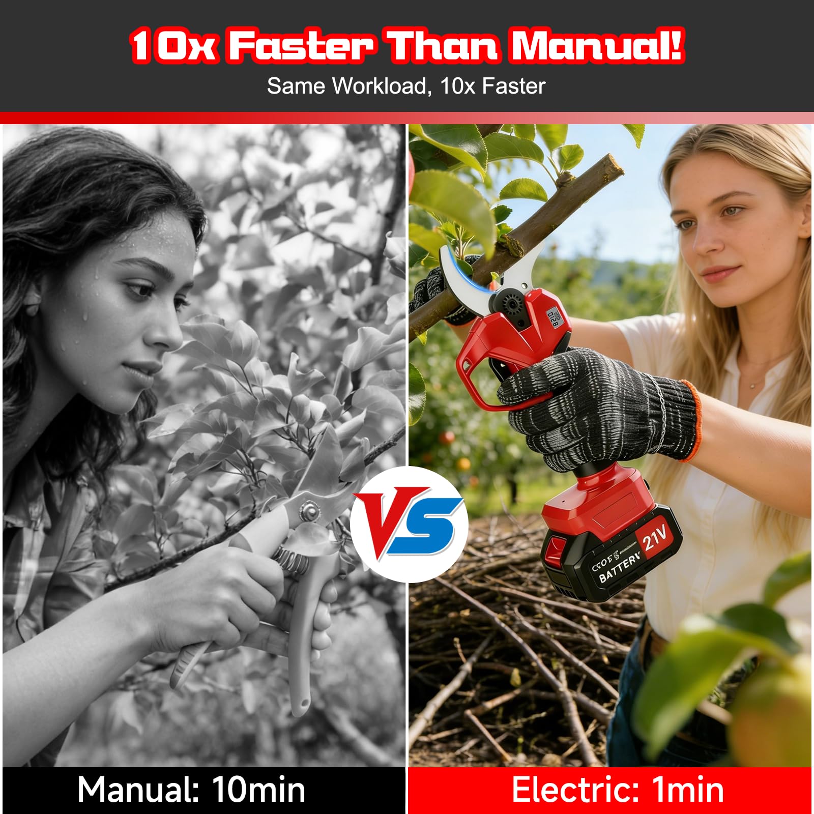 Tijeras de Podar Eléctricas 50mm 730W Brushless 2x 4000mAh | Podadora a Batería, Tijera Cortarramas Profesional, Pantalla LED, Para Viñedos, Olivos y Frutales