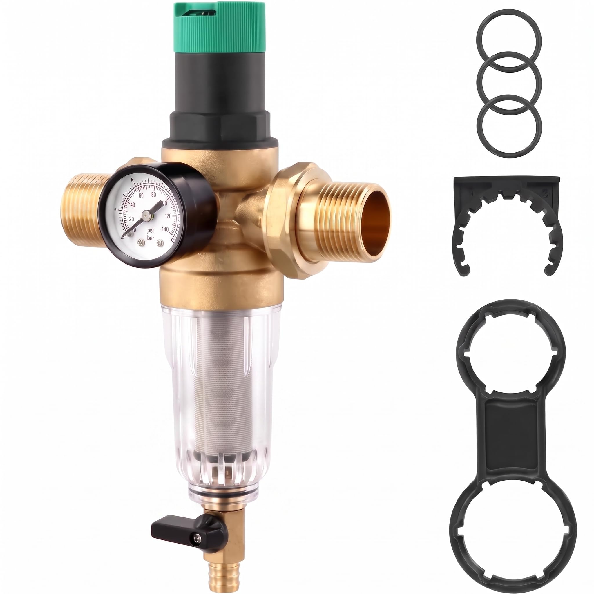 QWORK® Riduttore di Pressione Acqua 1 Pollice, Regolatore di Pressione Acqua con Manometro, Riduttore di Pressione in Ottone con Filtro a Setaccio Autopulente