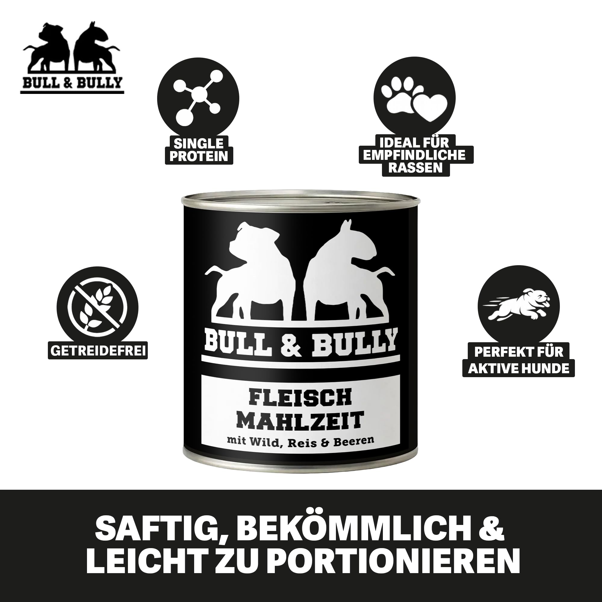 Hundefutter Nass 800g 12x Fleischmahlzeit Wild, Reis mit Beeren | Tierärzten entwickeltes Hunde Nassfutter Premium Wet Dog Food mit hohem Fleischanteil für aktive Hunde von BULL & BULLY