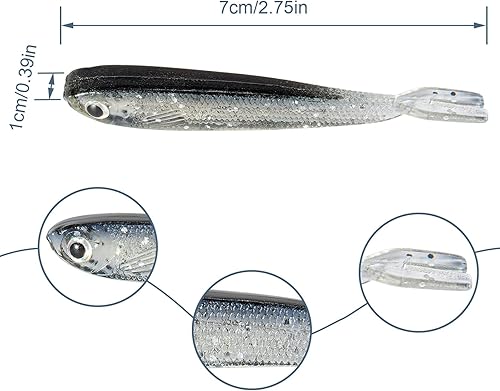 Miniatura 4 de Syosisny 50 señuelos de pesca de plástico suave, pececillo de cola bifurcada realista, cebos de pesca para agua salada y lubina de agua dulce,