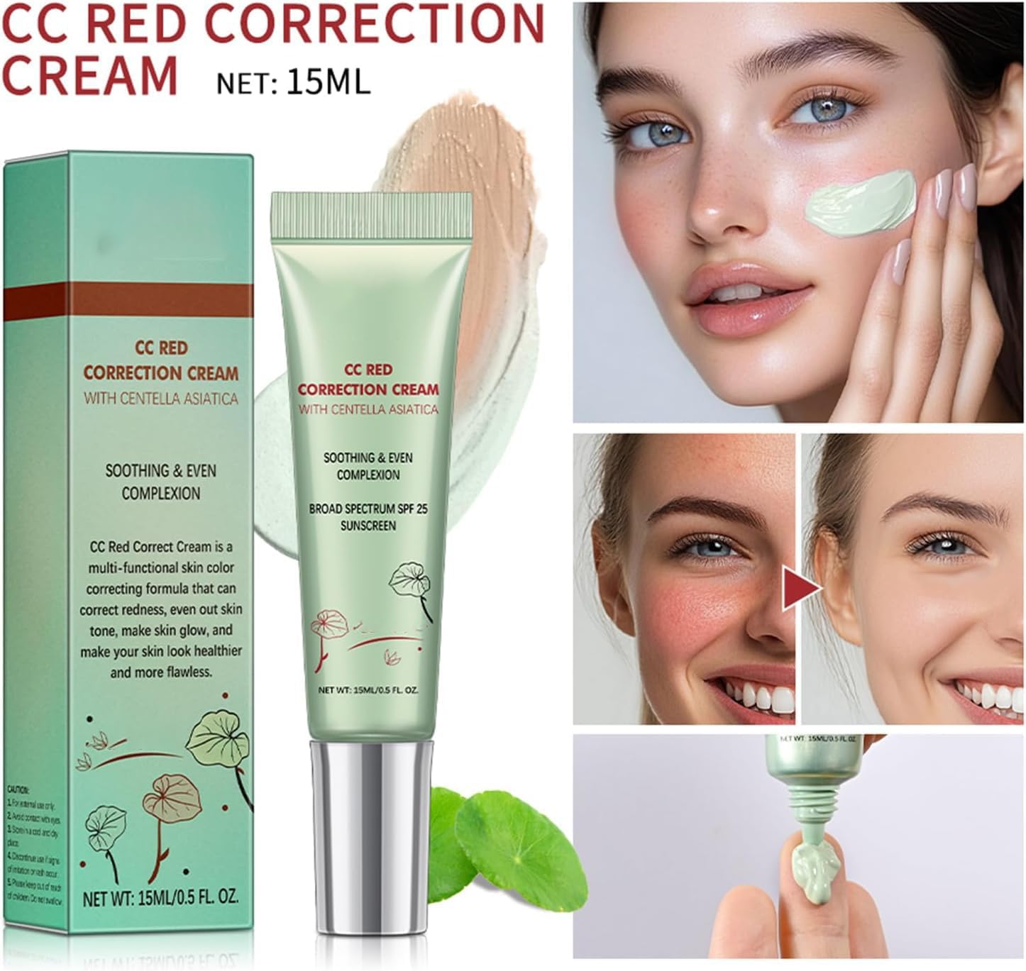 CC Correcteur Rouge à la Centella Asiatica, Anti-cernes Pores Invisibles, Crème CC Légère avec SPF 25, Anti-imperfections, Rougeurs et Marques d'Acné