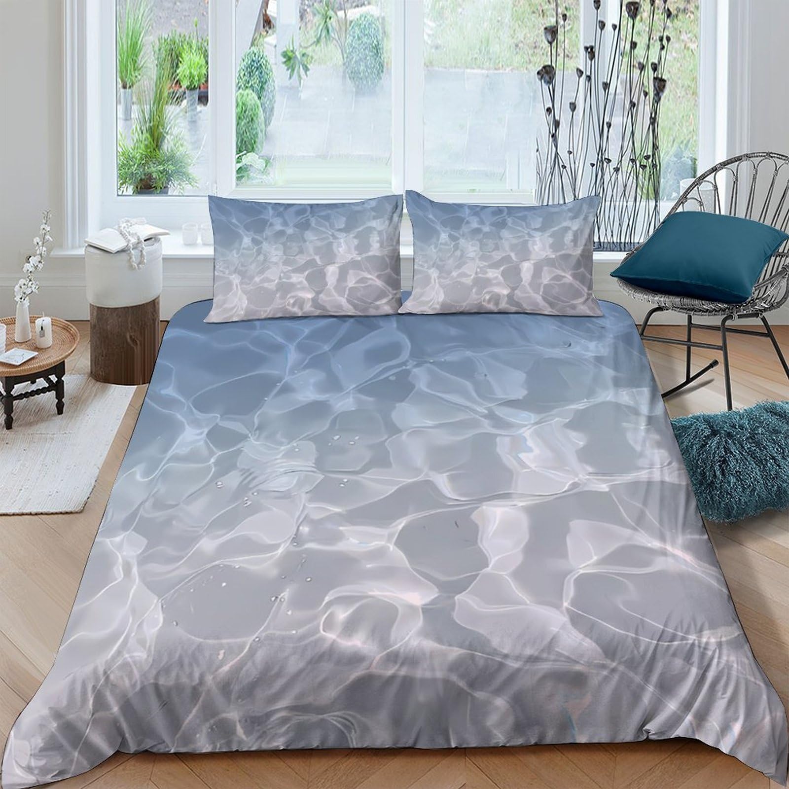 Ctjqhvkz Style-4 3D Printed Water Ripple Fitted Sheet Microfiber Blue Grey Wave Bed Cover For Bedroom Guest Room Decor Protection Single（135X200cm）