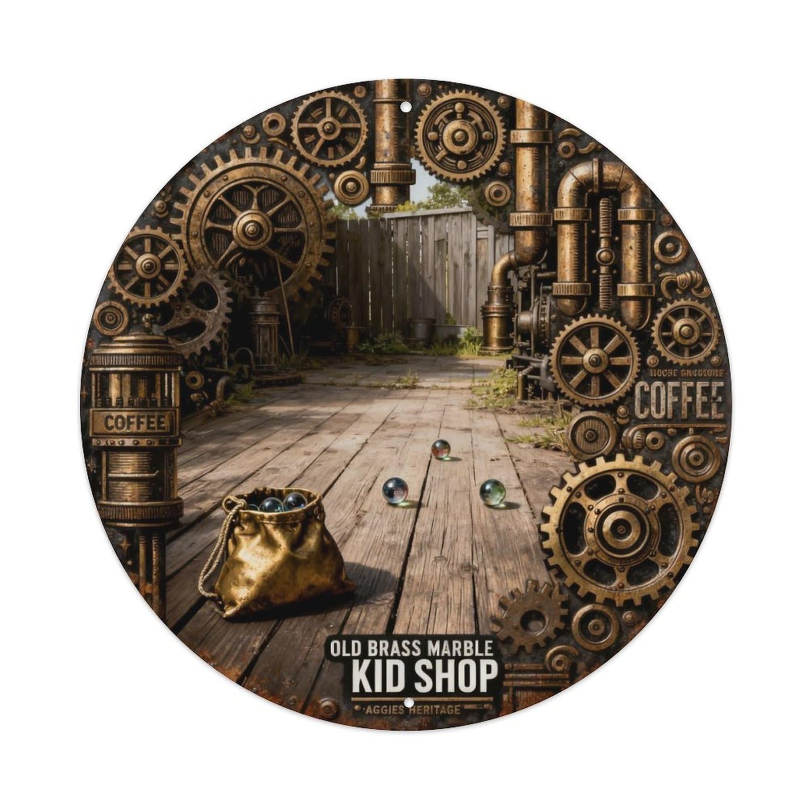 OLD BRASS MARBLE KID SHOP Metal Tin Sign Plaque