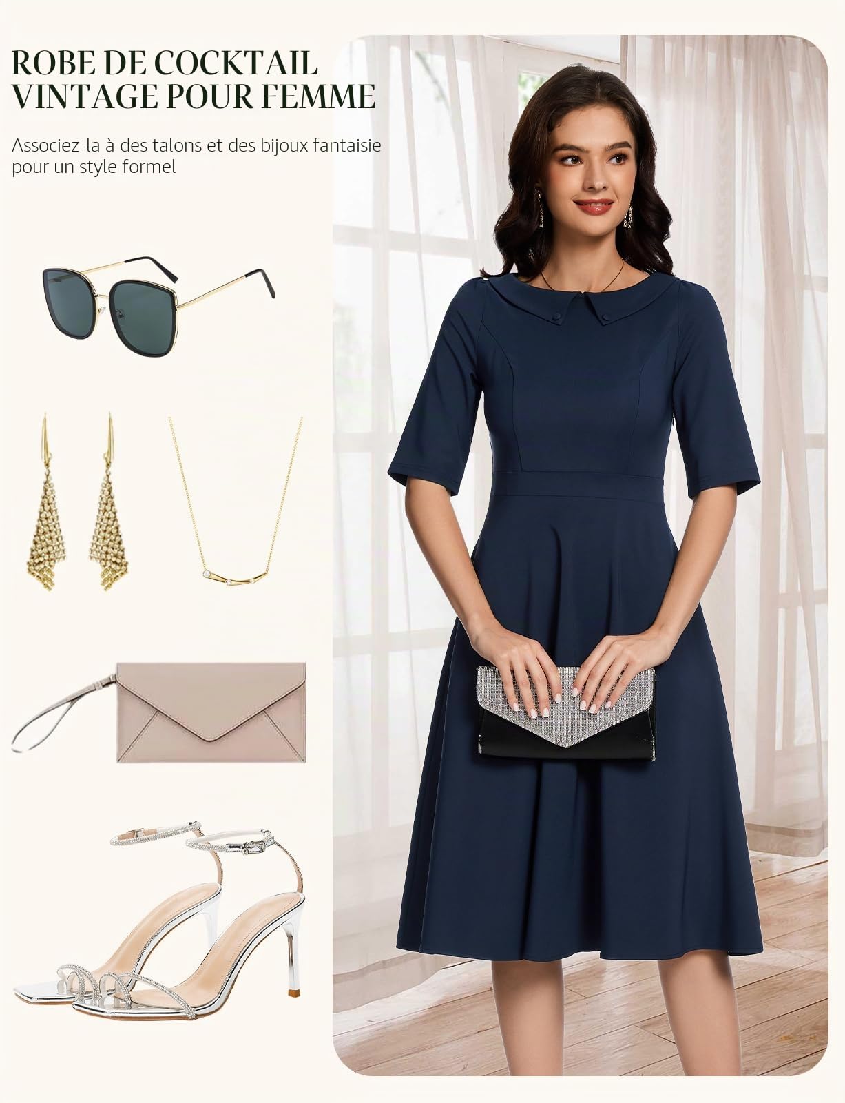 Bbonlinedress Robe Femme Chic Elegant Vintage pour Soirée Cocktail Déguisement Mariage Robe Hiver Mi Longue Col avec Bouton Manches 1/2