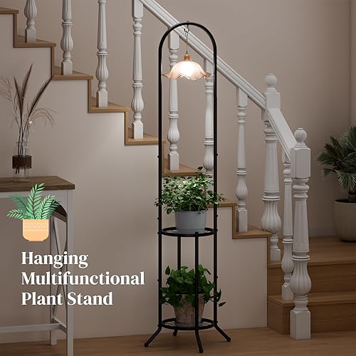 Miniatura 4 de Soporte de plantas colgante de 2 niveles para interiores y exteriores, estante de hierro que ahorra espacio, soporte para 3 macetas, soporte para