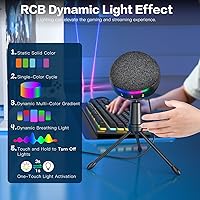 Vista 4 de ZealSound Micrófono USB RGB para iPhone/PC, micrófono para teléfono, ASMR, juegos, micrófonos con cancelación de ruido con silencio