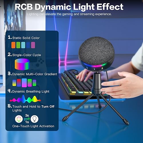 Miniatura 4 de ZealSound Micrófono USB RGB para iPhonePC, micrófono para teléfono, ASMR, juegos, micrófonos con cancelación de ruido con silencio táctilecoganancia