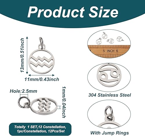 Miniatura 2 de 12 dijes de constelaciones de acero inoxidable con signos del zodiaco, planos, redondos, astrología, horóscopo, para collares, pulseras, aretes,