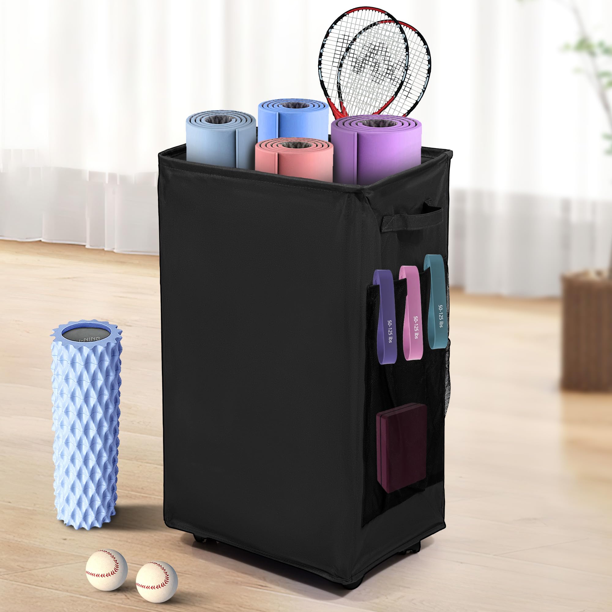 Yoga Mat Storage Racks Home Gym Storage Rack with Wheels Yoga Mat Holder Side 2 Mesh Pockets Yoga