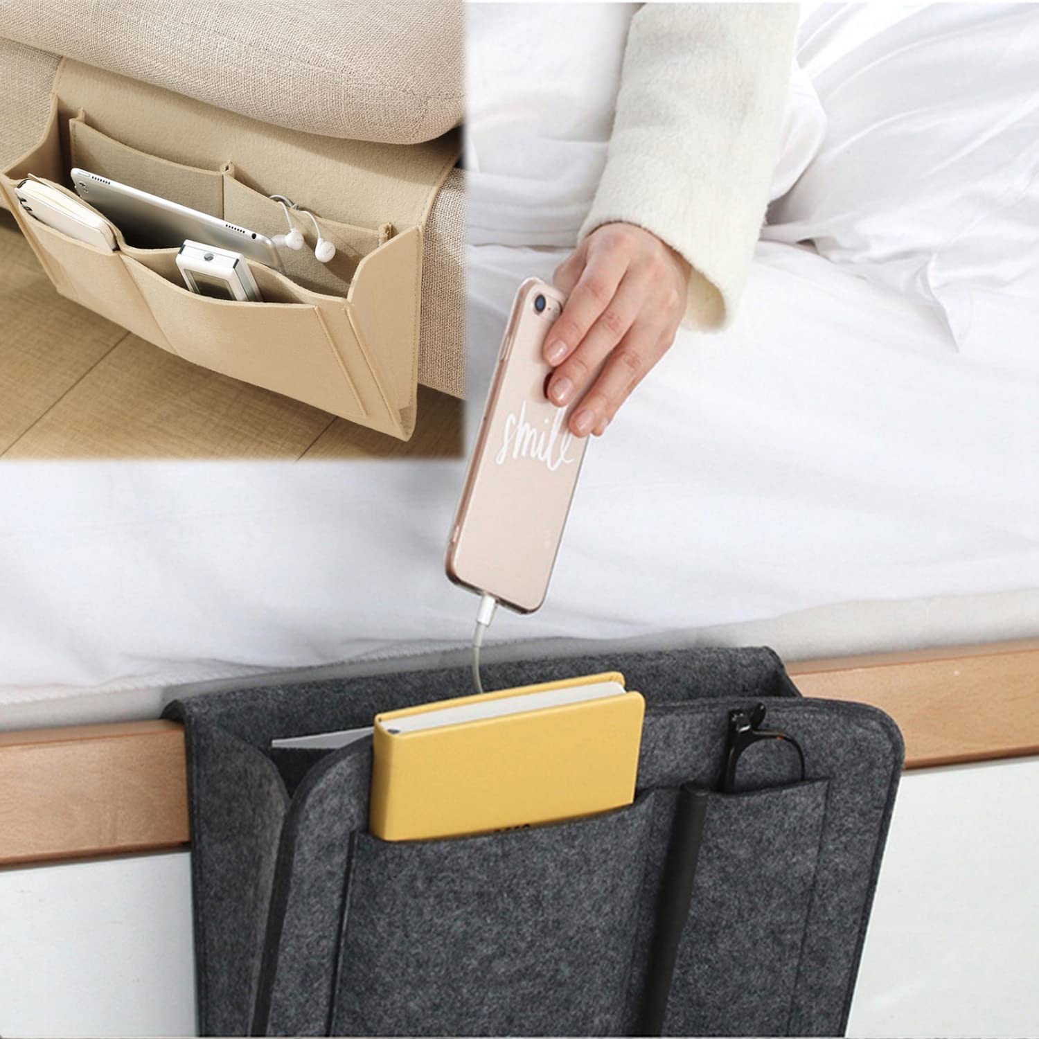 Homieco Bedside Pocket Felt Bedside Caddy Sofa Bed Hanging Storage Organizer Bag with 5 Pockets for Magazine Phone Book Remote