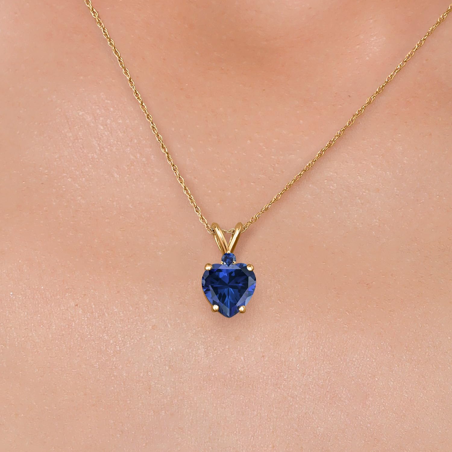 Gem Stone King 14K Yellow Gold Blue Created Sapphire Pendant Necklace for Women | 1.05 Cttw | Gemstone September Birthstone | Heart Shape 8MM | With 18 Inch Chain - Image 3