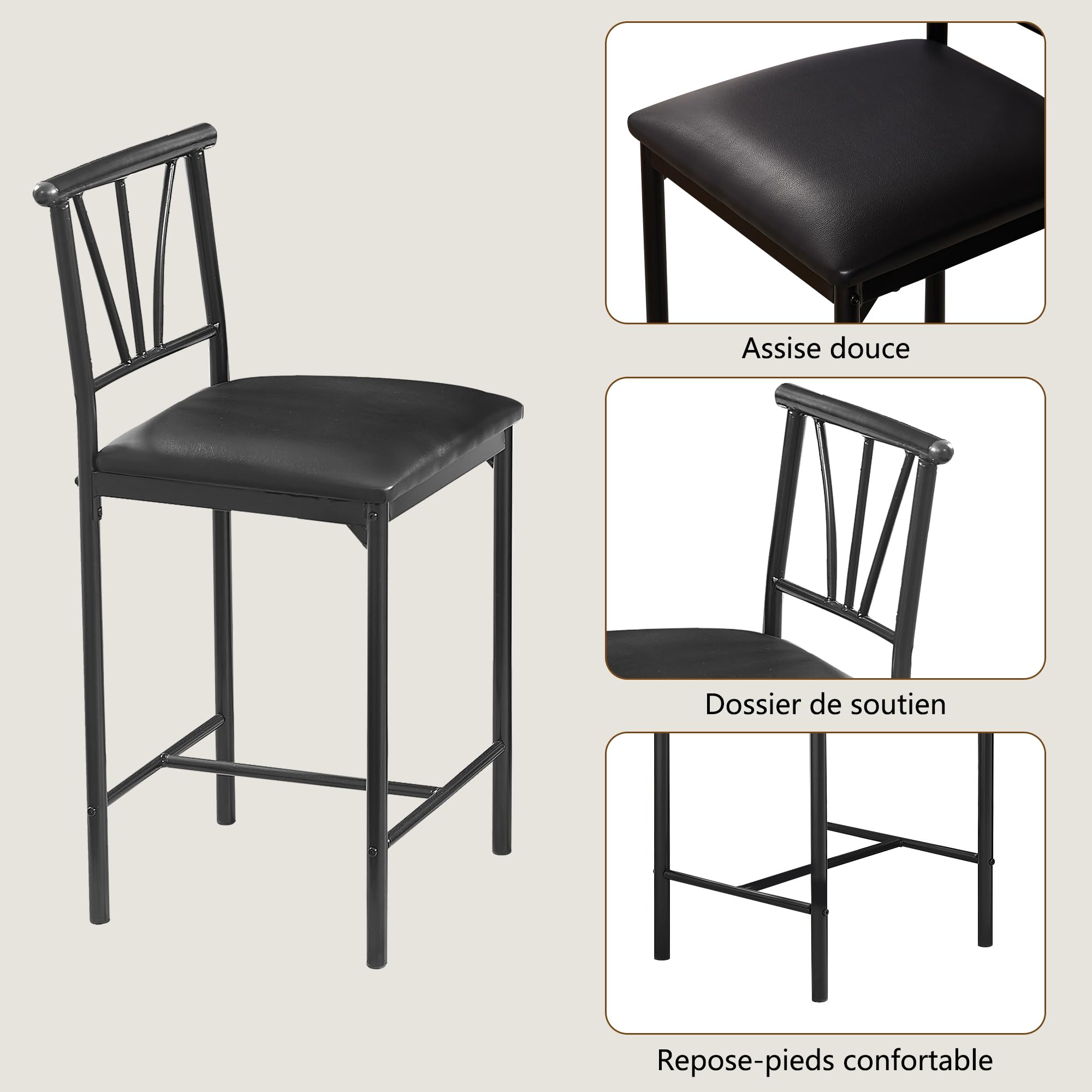 VECELO Ensemble Table de Bar Industriel avec 2 Chaises Rembourrées, Table avec 3 Étagères de Rangement pour Salle à Manger, Cuisine, Salon, Bistrot, Marron
