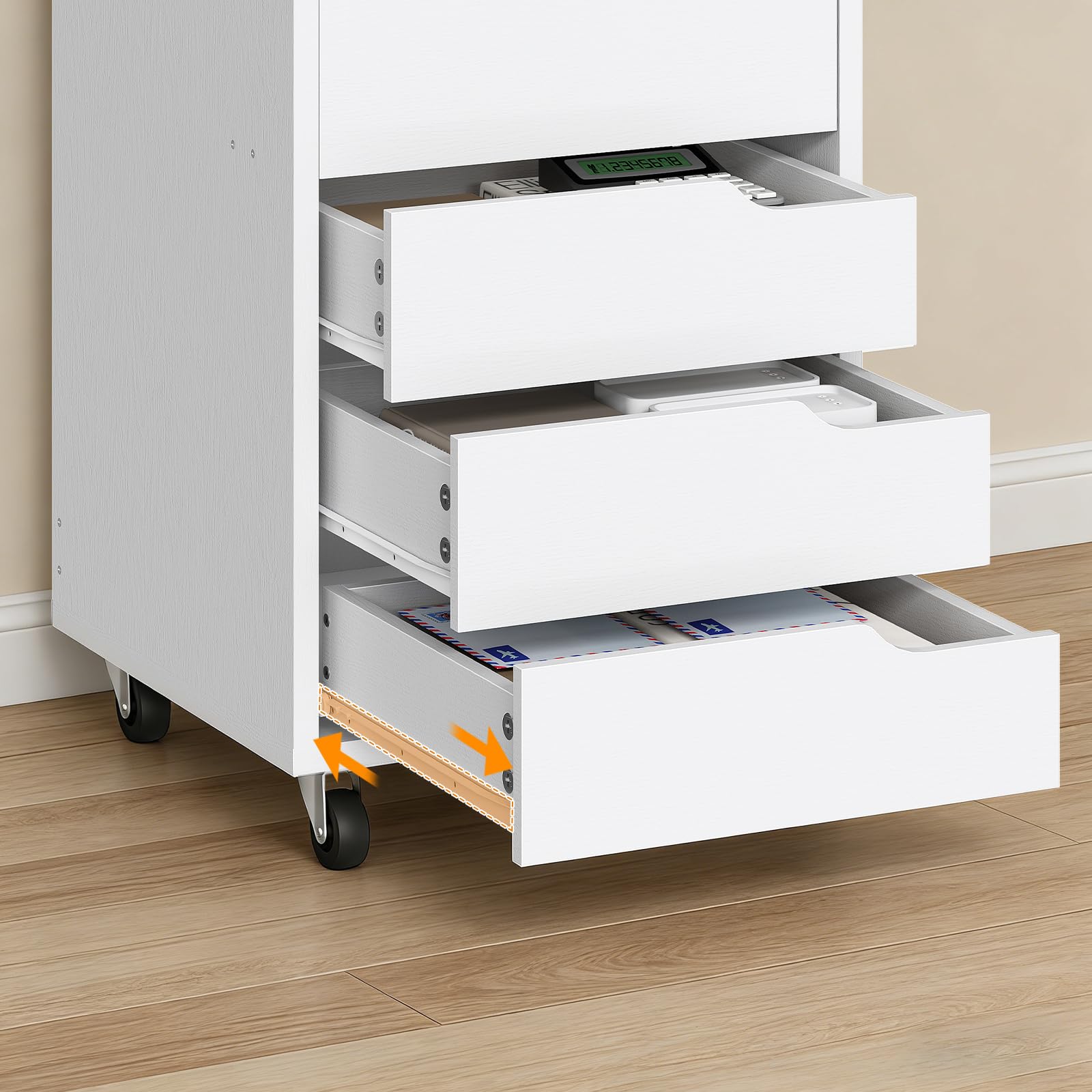 HOOBRO Rollcontainer mit 5 Schubladen, mobiler Aktenschrank mit 4 Lenkrollen, Schubladenschrank, Büroschrank, Bürocontainer, Schreibtisch Unterschrank für Arbeitszimmer und Wohnzimmer, Weiß EWT15WJ01