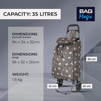 Lightweight 2 Wheel Shopping Trolley Cart 35L – Hot Dog Foldable Grocery Cart with Strong Metal Frame, Water-Resistant Bag & Smooth Rolling Wheels – 94cm
