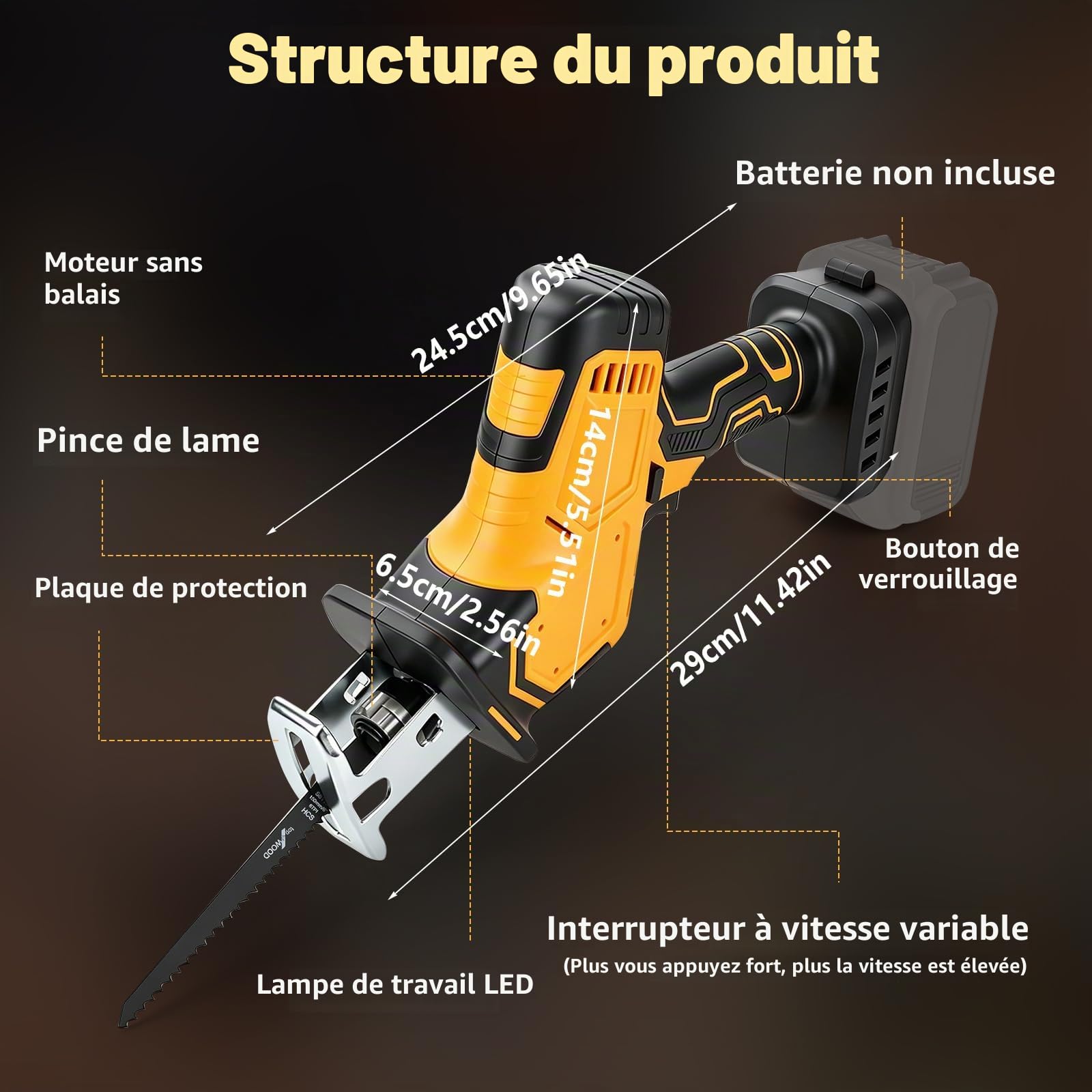 Scie sabre sans fil compatible avec batteries DEWALT 18 V/20 V, 2700 tr/min, moteur sans balais, vitesse de rotation variable, 4 lames de scie pour bois (jusqu'à 180 mm) et métal (jusqu'à 20 mm