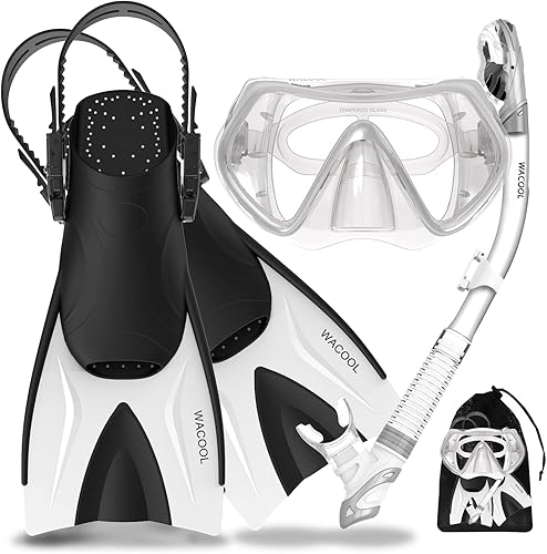WACOOL Paquete de esnórquel para adultos niños adolescentes esnórquel y buceo con aletas de natación cortas ajustables revestimiento antivaho de