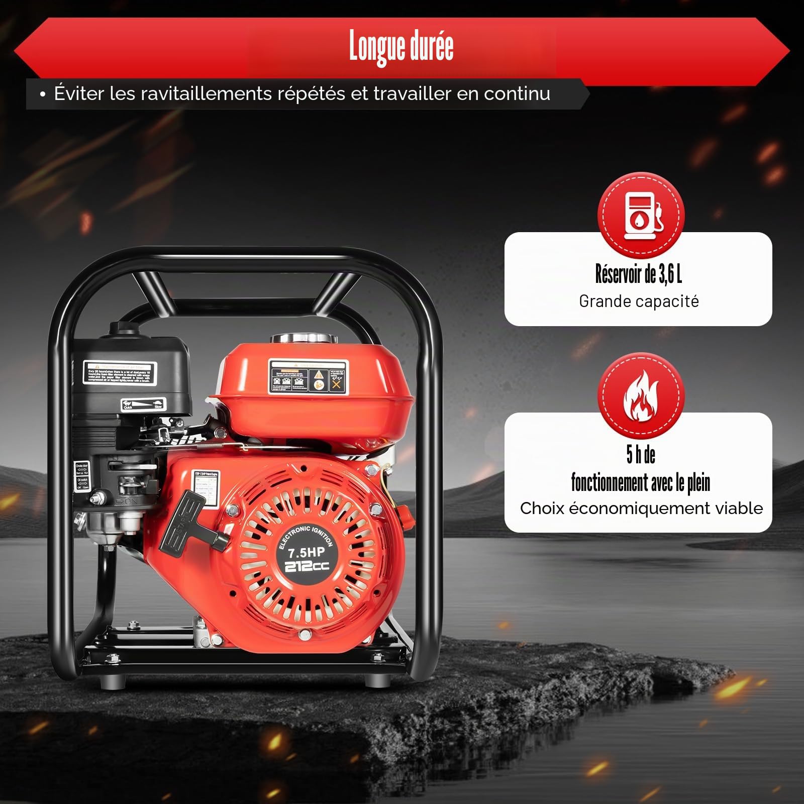 Pompe à eau à essence, 4 kW, 25000 l/h, 30 m, raccord de 2 pouces, pompe de jardin 7,5 ch, pompe à eau sale avec moteur à 4 temps et hauteur d'aspiration, démarrage par câble, pompe à