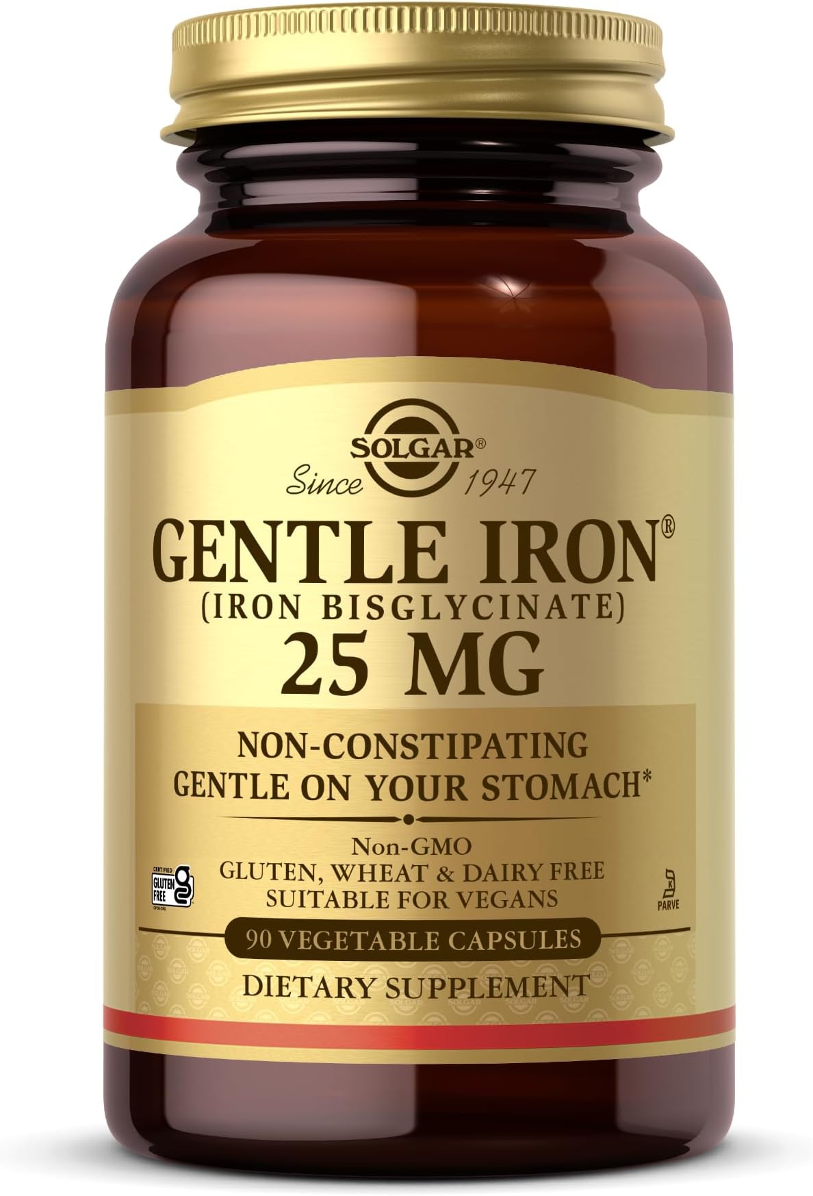 Solgar Gentle Iron (Iron Bisglycinate) 25 mg - 90 Vegetable Capsules - Non-Constipating, Gentle on Your Stomach - Non-GMO, Gluten Free - 90 Servings