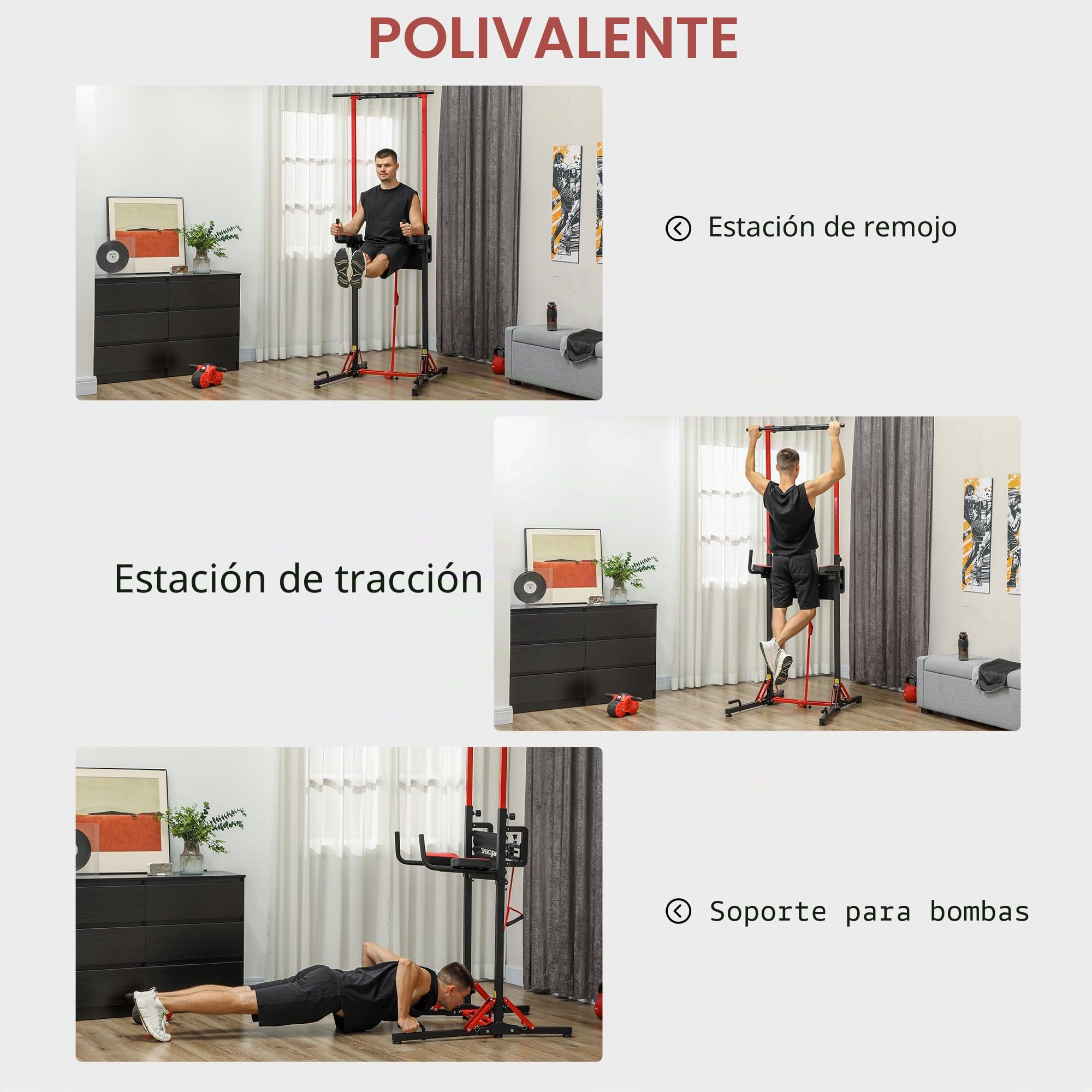 SPORTNOW Barra de dominadas, silla romana, gimnasio en casa, plegable, altura regulable 127 - 223 cm, acero, negro y rojo