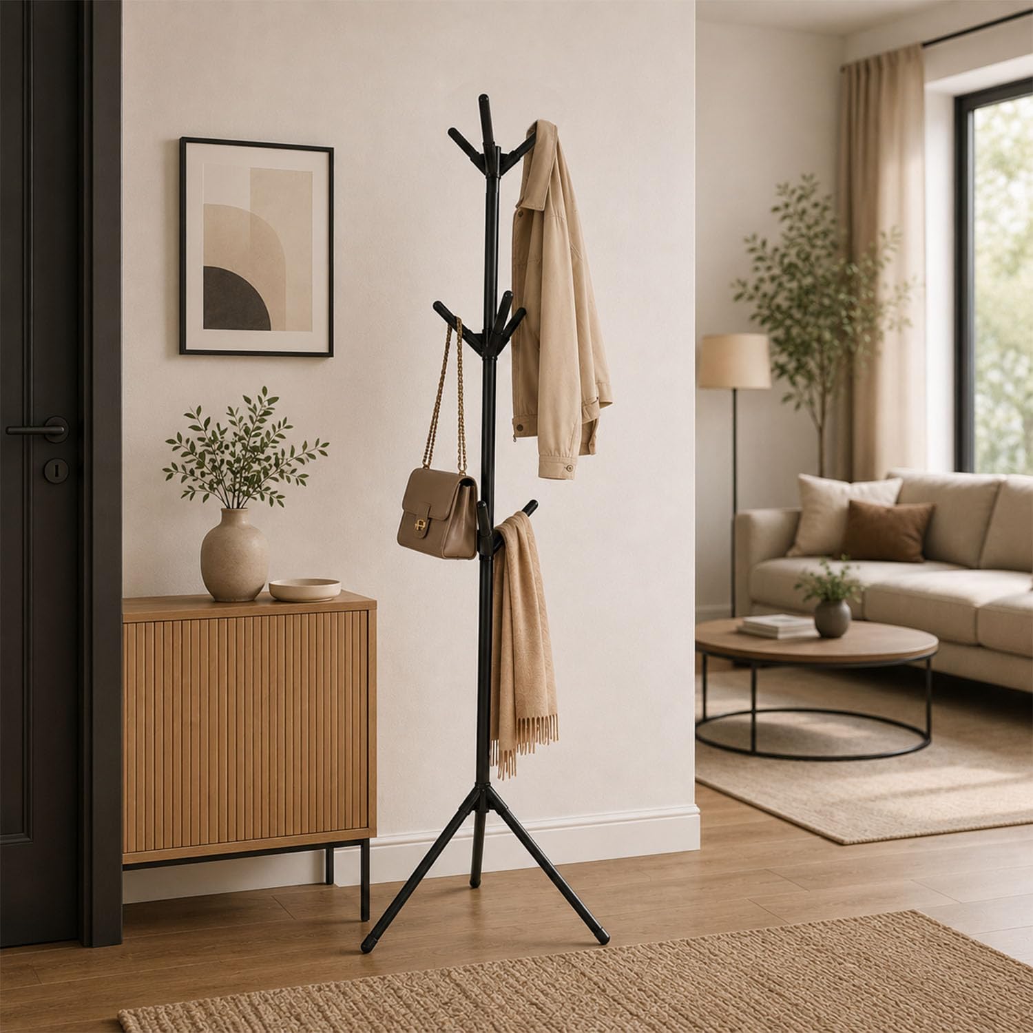 LEOPAX 9 Hook Coat Hanger Stand for Clothes, Bags, Hats & Umbrellas | Freestanding Tree Coat Rack | Modern Standing Garment Organizer for Living Room, Bedroom, Office - Black-image-48