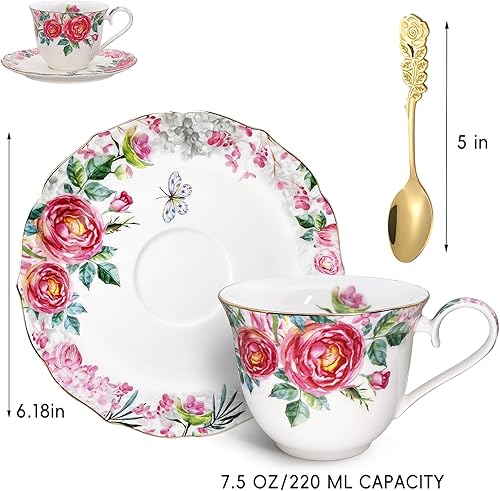 Miniatura 3 de Tazas de té y platillos, juego de tazas de café de porcelana floral de hueso de 7.5 onzas con cuchara, tazas de té de jardín vintage con ribete