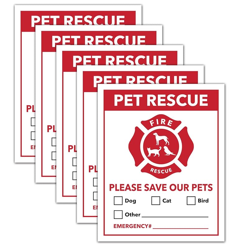 Adesivo de Emergência para Resgate de Pets em Vinil Resistente à Água, 12,7 x 10,16 cm, Giftideaworkshop, Pacote com 5