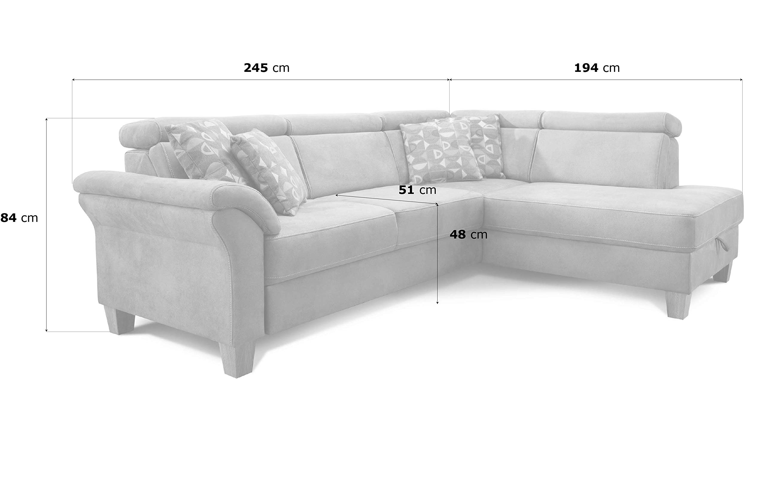 CAVADORE - Divano letto Ammerland con ottomana a destra, in stile country, con poggiatesta regolabile, letto e cassettone, 245 x 84 x 194, effetto pelle, colore: marrone