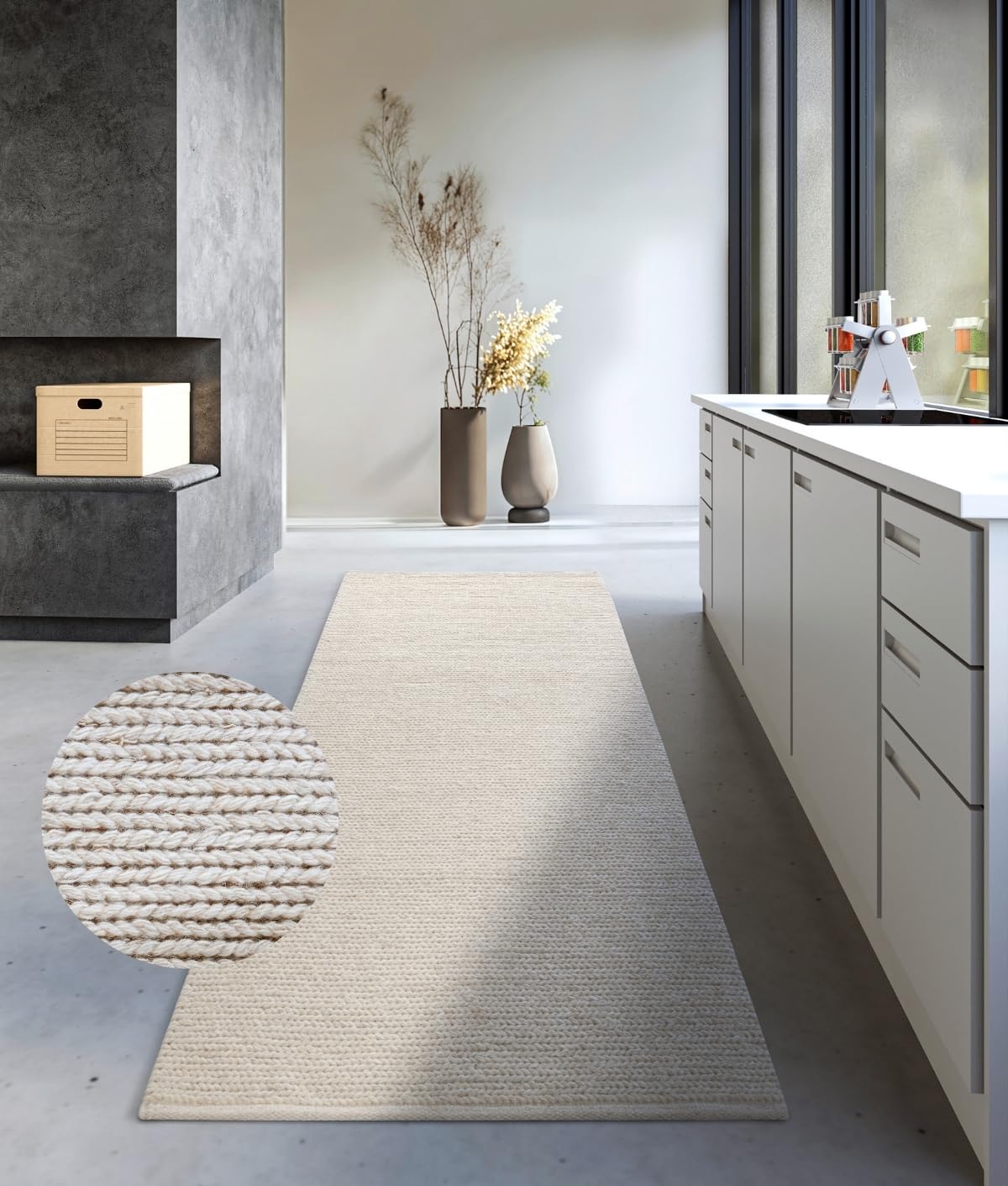 Villeroy & Boch Francois - Alfombra de Lana Natural para salón, Tejida a Mano y respetuosa con el Medio Ambiente, para salón, Dormitorio, Comedor, Pasillo, Cocina, Color Blanco Natural, 80 x 200 cm