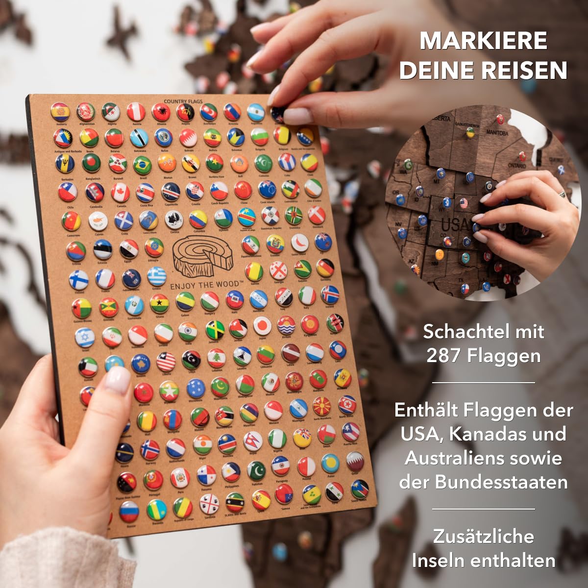 Enjoy The Wood - 3D Weltkarte Holz zur Wand Deko Wohnzimmer - Geschenkidee für Wanderer - Wandkunst zum Pinnen für Reiseziele - Wanddeko für Zuhause und Küche oder Büro (Dark Walnut, S)