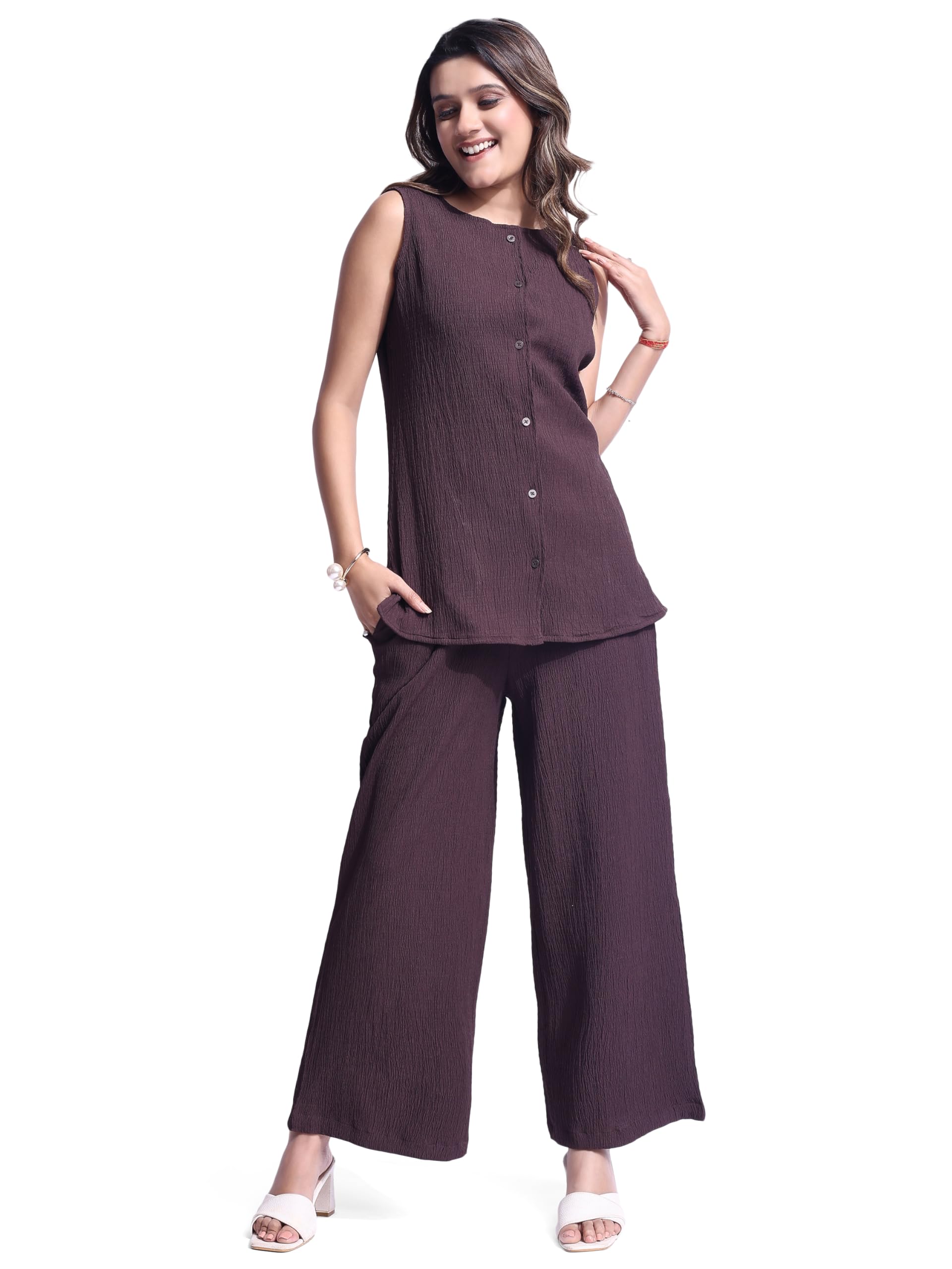 fashfun clothing Fashfun Women's Dark Brown Solid Round Neck Long Waistcoat with Trouser Cordset-picture-23