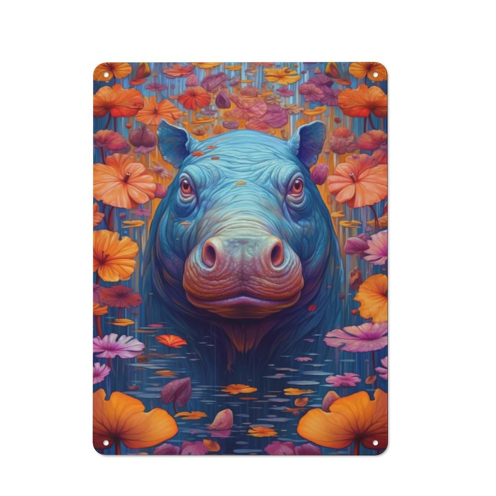 Junmoney Hippo Flower Portrait Rustic Tin Sign 40X30cm For Lounge Or Reading Corner, For Metal Sign Collectors, For Cafés, Pubs And Restaurants