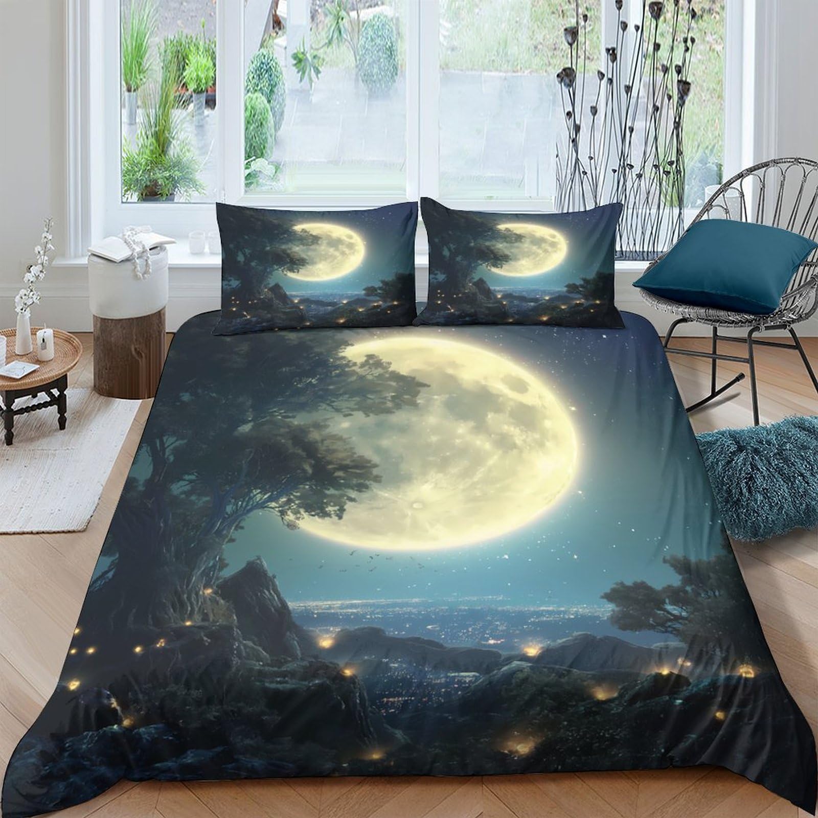 Ctjqhvkz Style-8 3D Printed Moon Night Fitted Sheet Microfiber Soft Non-Slip Forest Landscape Bed Cover For Bedroom Guestroom Single（135X200cm）