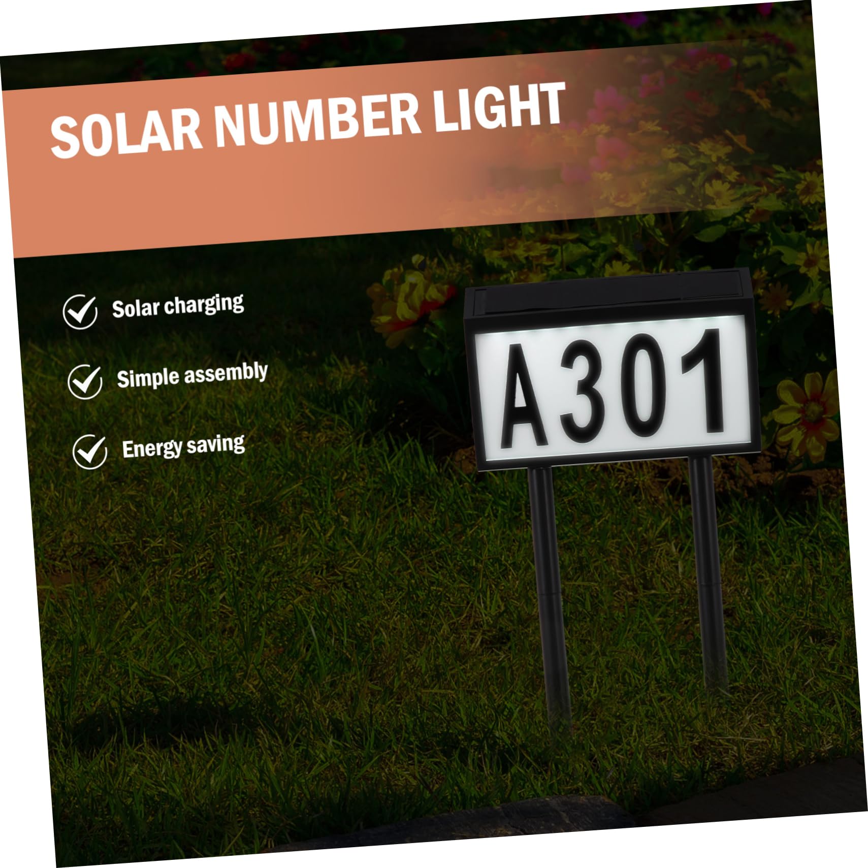 Lampada Solare da Esterno Porta Numeri a Terra LED 10 LED Nero Batteria 1200mah per Negozi di Fiori e Hotel
