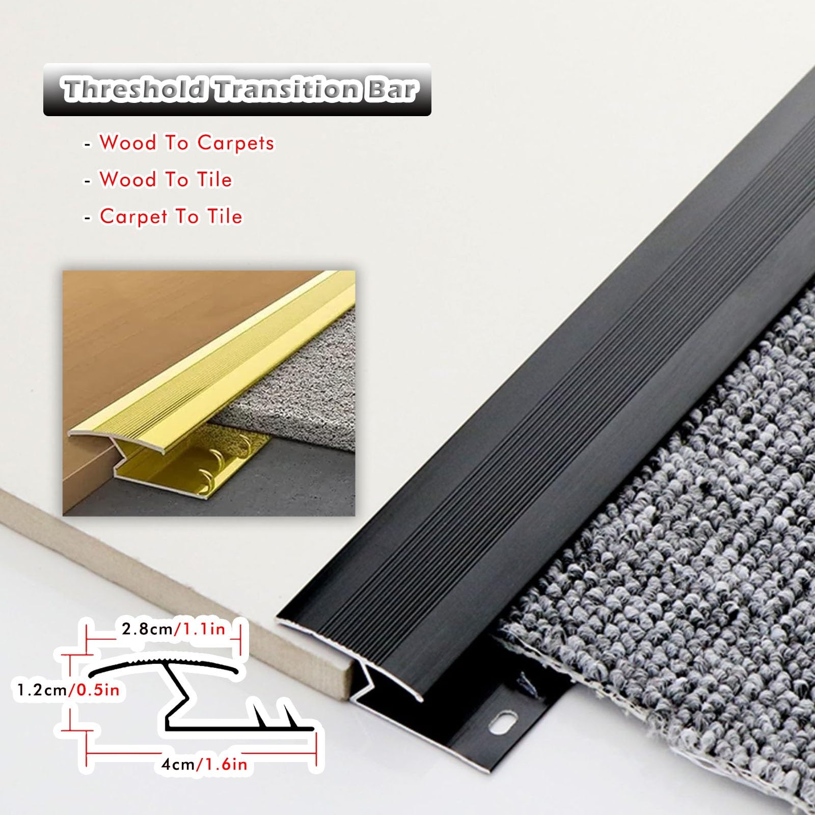 Czarna listwa przejściowa podłogowa aluminiowa, 90 100 110 120 130 140 150 160 170 180 cm długości, redukująca próg dywanu/płytki/wykończenie krawędzi dywanu, łatwa,L- 170cm/67in