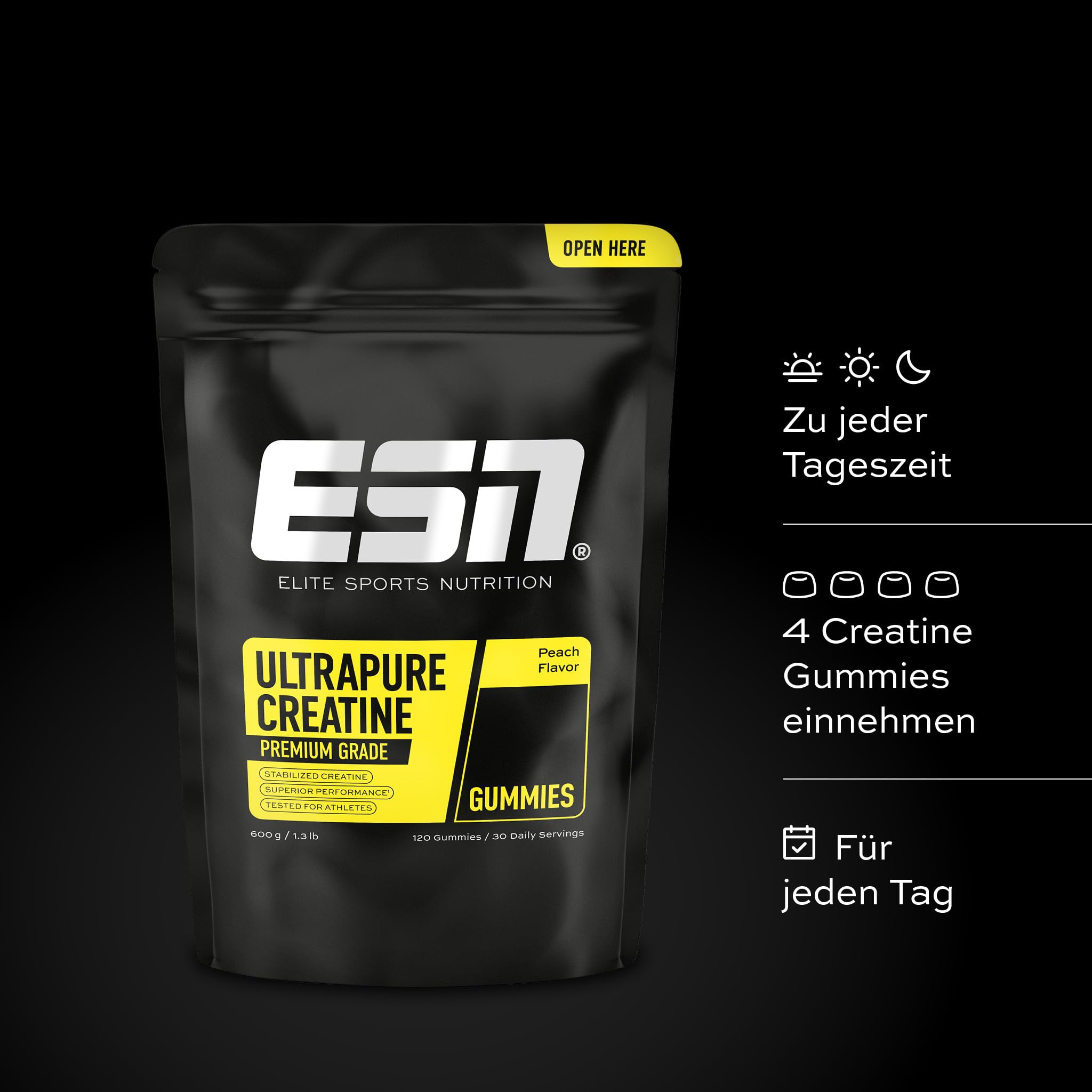 ESN Ultrapure Creatine Gummies, 120 Gummies, 30 Portionen, Peach, mit 3,4 g Kreatin Monohydrat pro Tagesportion