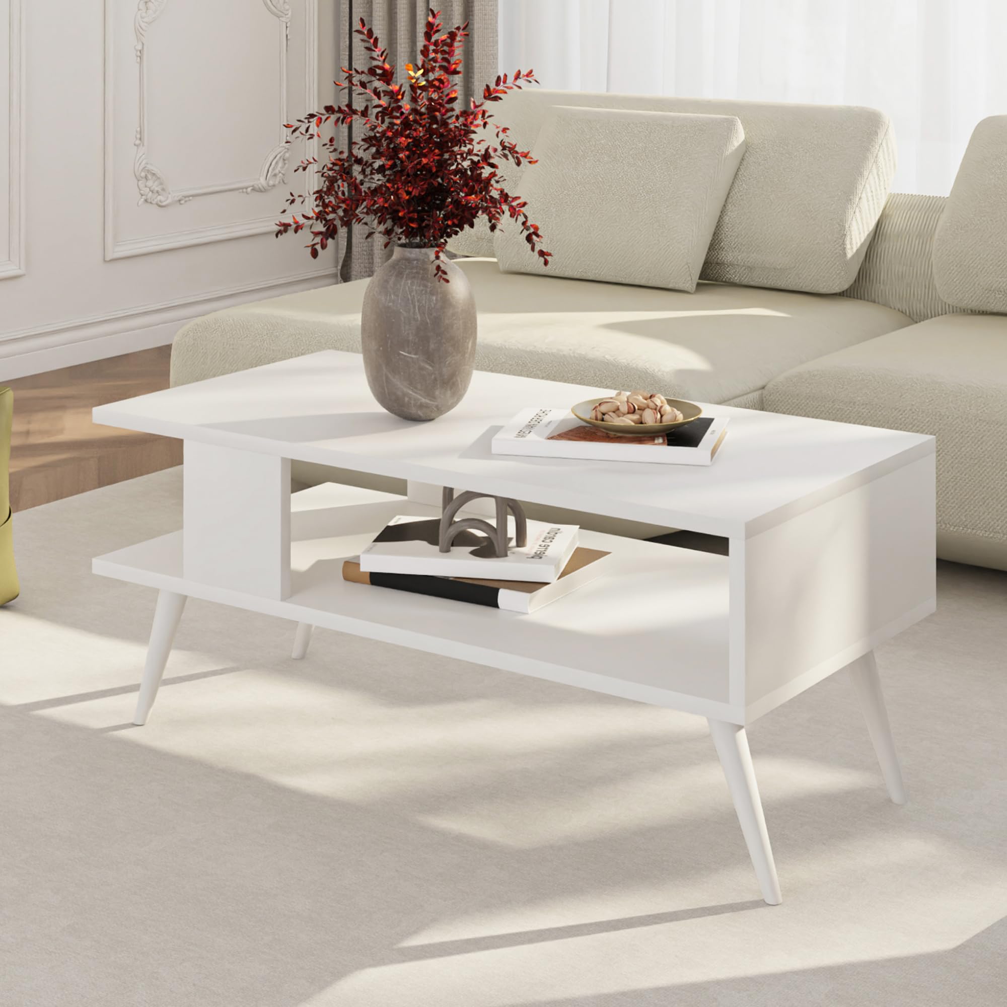Mesa Centro Elevable Mesa De Café ADGO 90x51x43 Cm - Diseño Moderno Con Estantes De Almacenamiento Mesa Con Estantes Salón