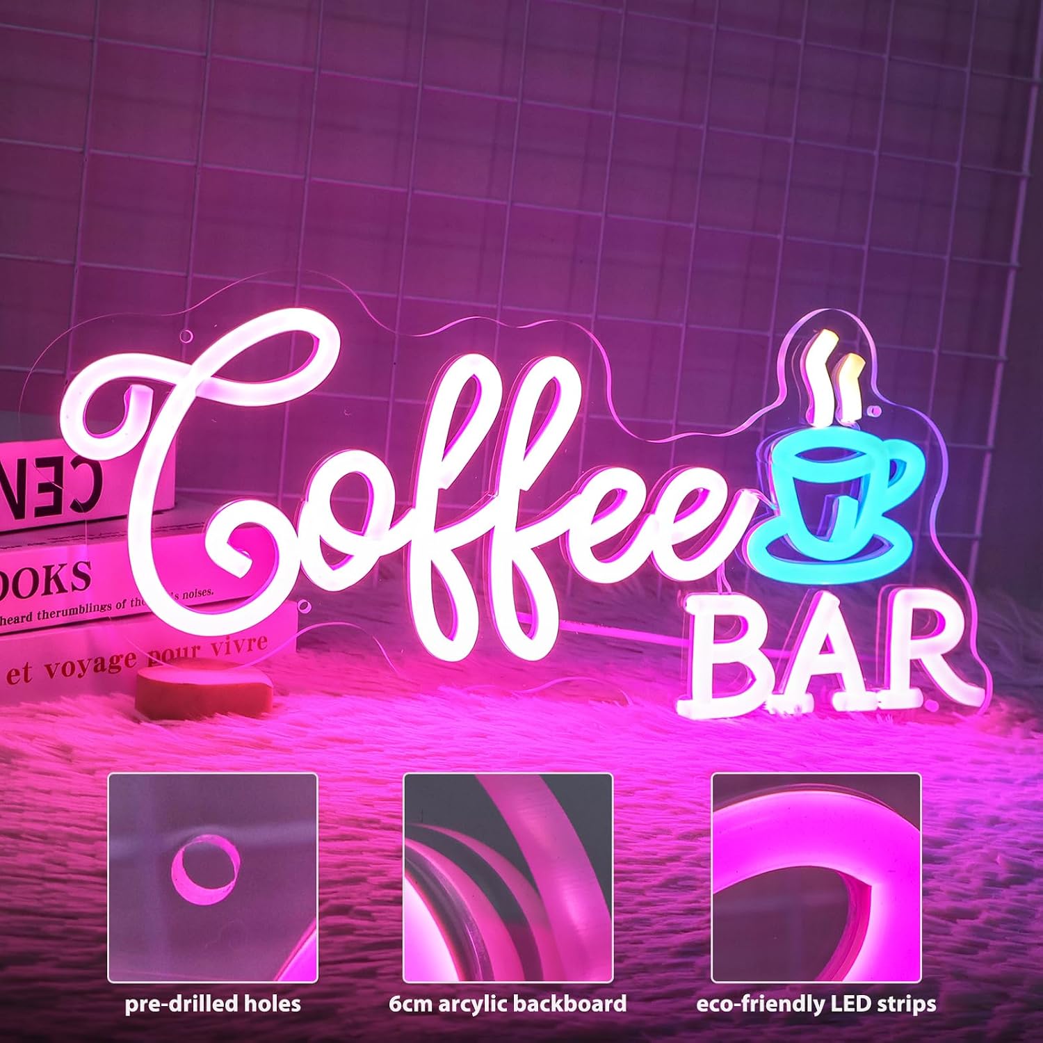 Coffee Bar Neon Sign, Dimmable Pink Blue Coffee LED Sign,5V USB Powered Cafe Cup Light Up Sign 3D Wall Art for Home, Kitchen, Cafe Signs, Cafe Shop Decor