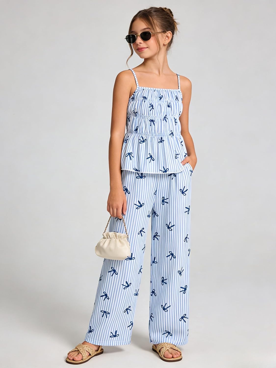 Cakaner Tween Girls Clothes Summer 2 Piece Outfit Set Ruffle Cami Top Wide Leg Pants with Pockets Size 8-13