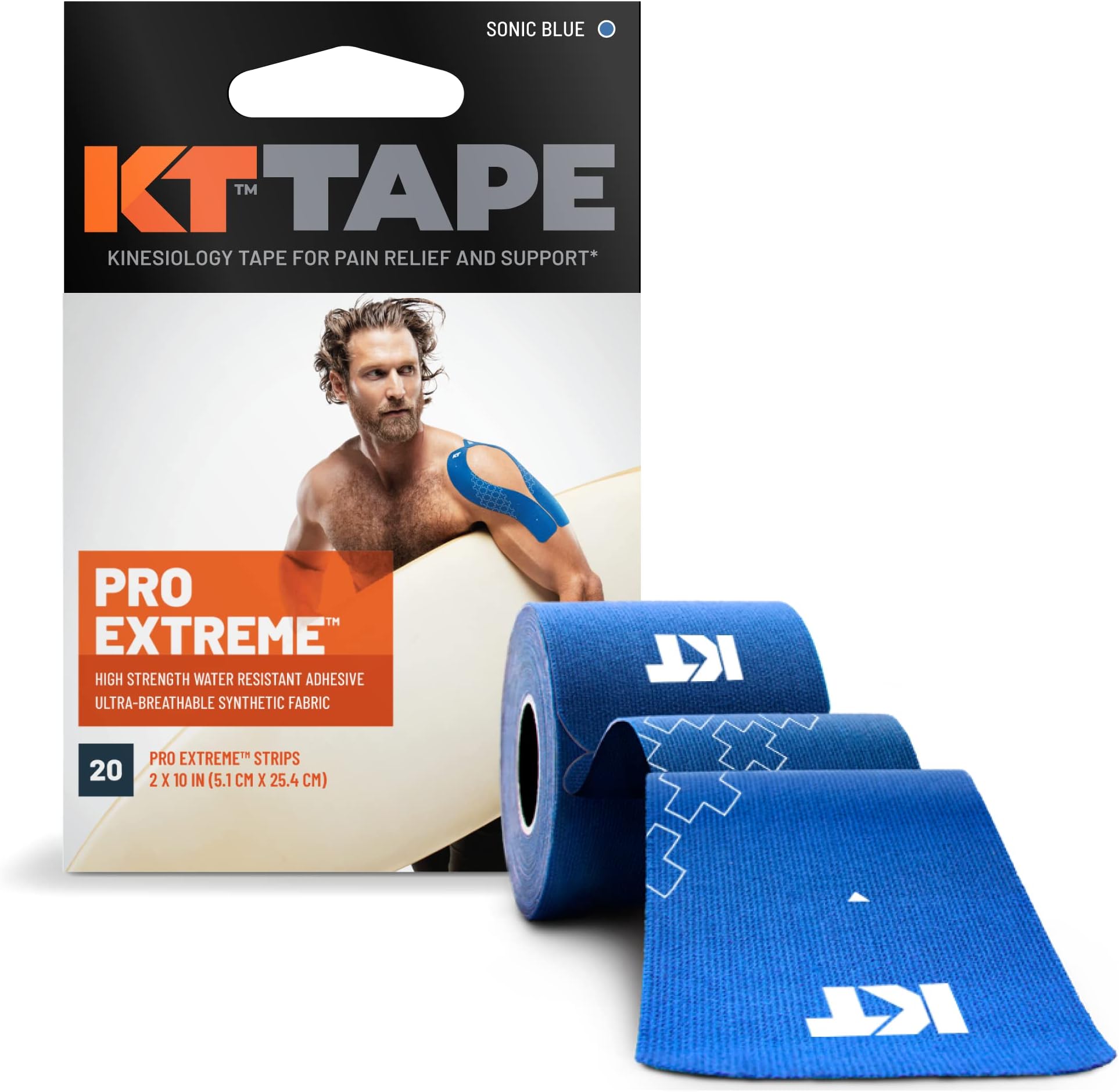Pro Extreme Therapeutic Elastic Kinesiology Sports Tape, 20 Pre Cut 10 inch Strips, 100% Synthetic Water Resistant Breathable, Pro & Olympic Choice, Sonic Blue