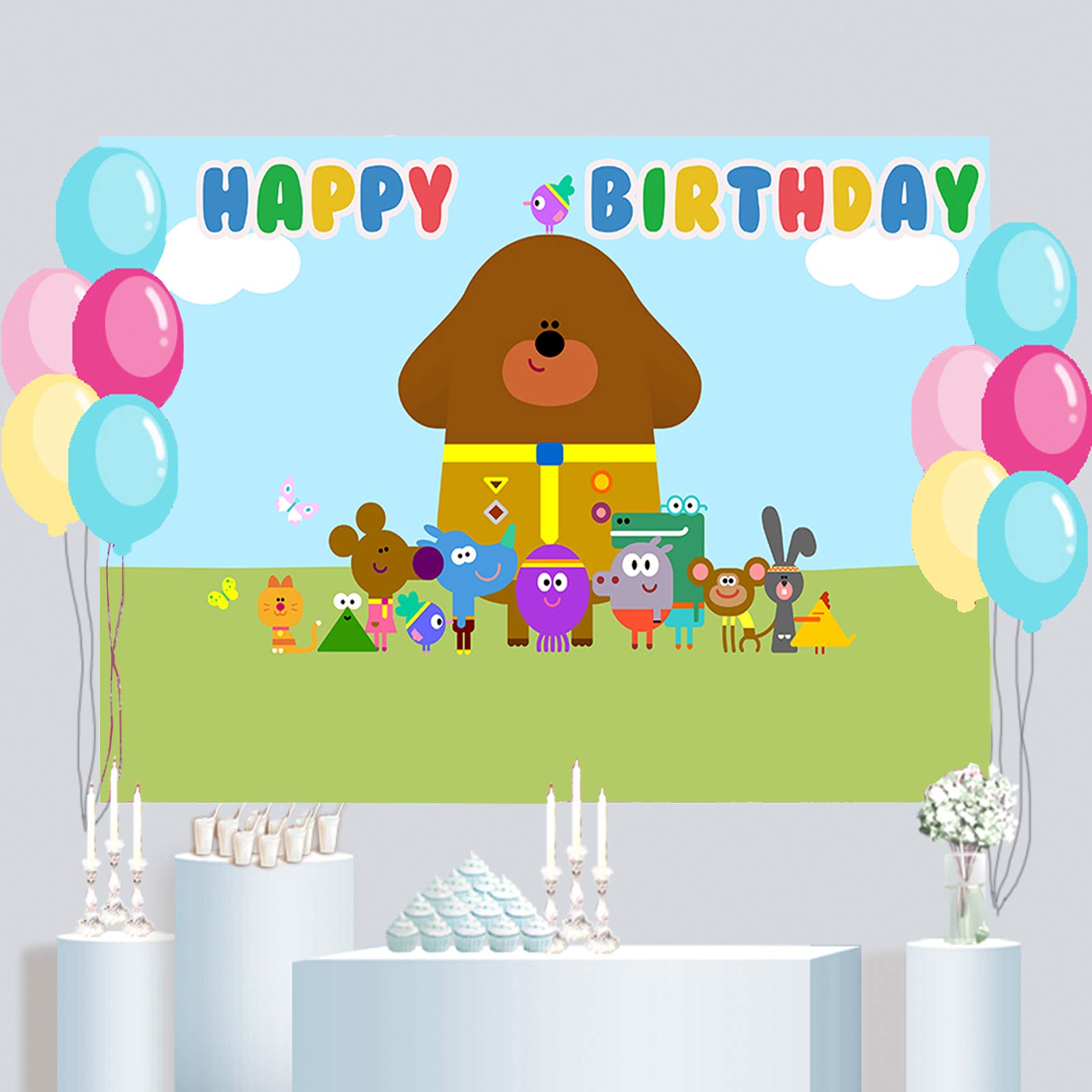 Cartoon Animation Theme Backdrop Hey Duggee Backdrop Duggee Picture Backdrops for Photography Baby Shower Happy Birthday Party Background Decor Cake Table Banner Studio Booth Props