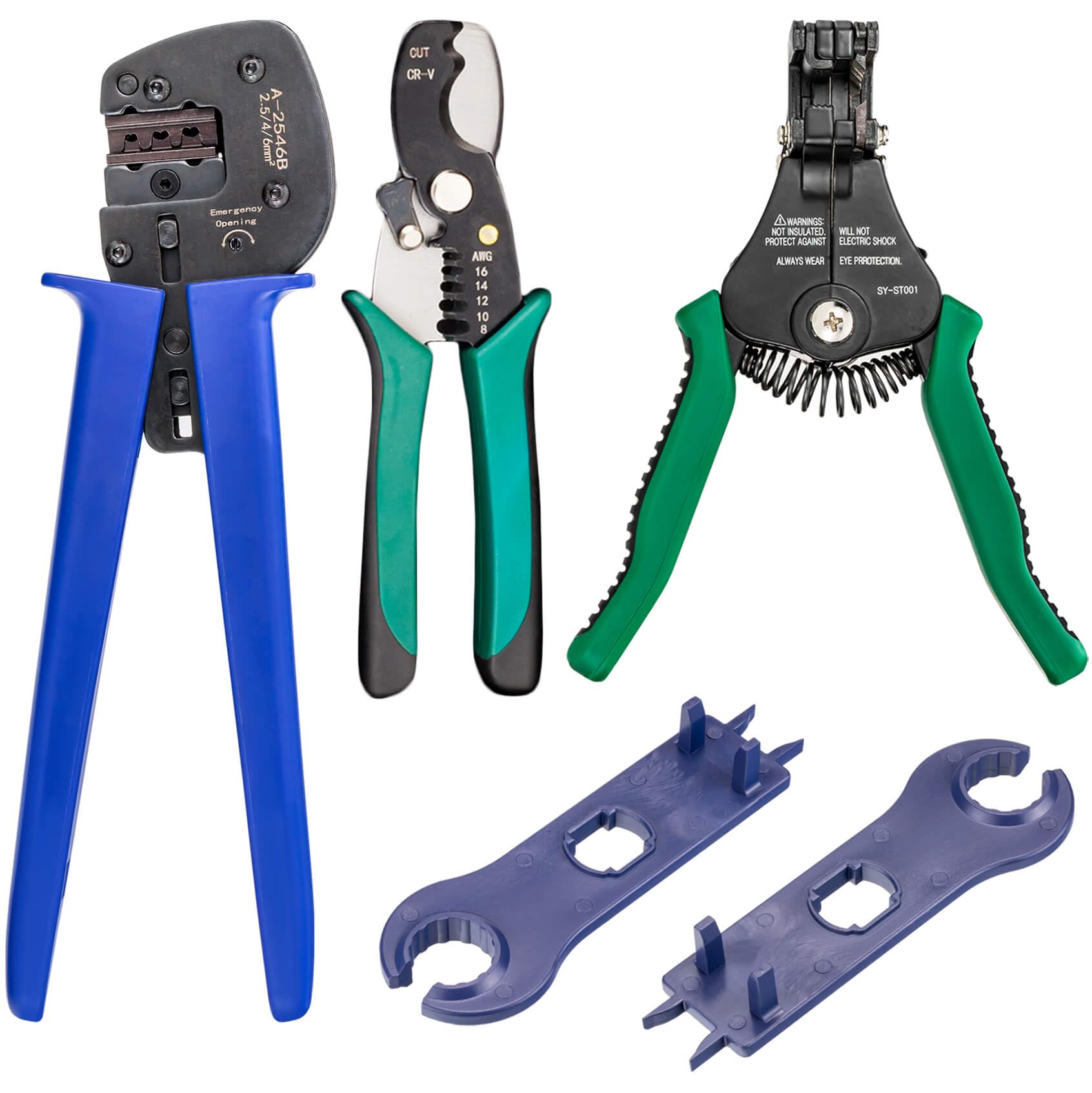 hb-digital Kit d'outils de montage solaire : 1 pince à sertir professionnelle pour lamelles de contact MC4 Ø 2,5/4/6 mm² + 1 outil de dénudage automatique Ø 2,5/4/6 mm² + 1 coupe-câble + 2 clés