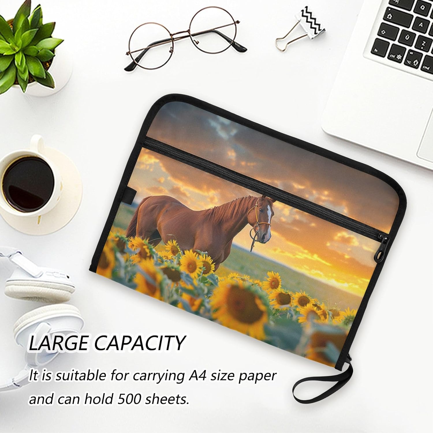Sunflower Horse Expanding File Folder with Color Bar Label 13 Pocket Accordion Document Organizer Zip File with Zipper Closure Front Pocket