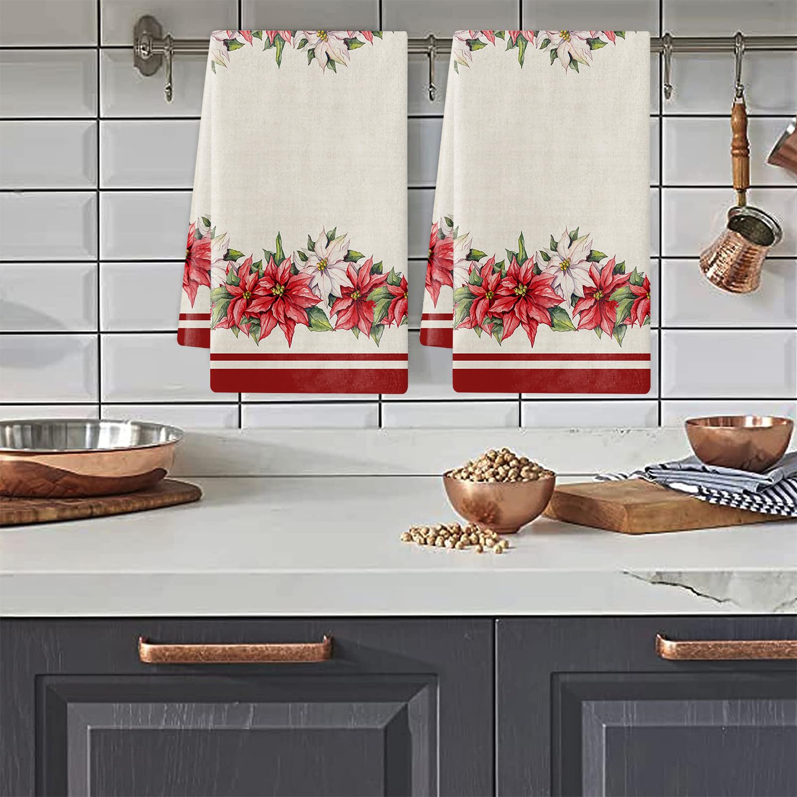 Trapos Cocina Flores Rojas Navideñas Paños de Cocina Suaves y Absorbentes Paños Cocina Reutilizables Trapos de Cocina para Secar Toallas Lavable Toallas de Barra 2 Piezas (44x74 cm)