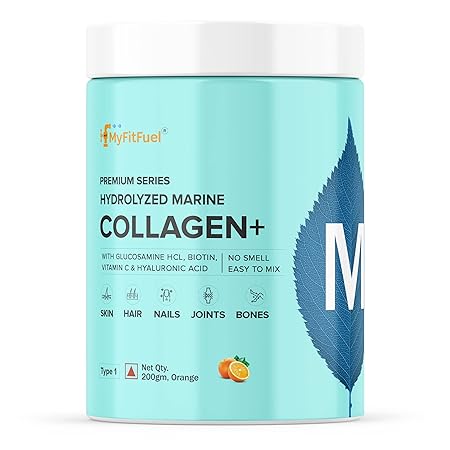 MyFitFuel Hydrolyzed Marine Collagen with Glucosamine, Hyaluronic Acid, Biotin, Zinc & Vitamin C | For Skin, Hair, Nails & Joints (Orange, 200 gm)