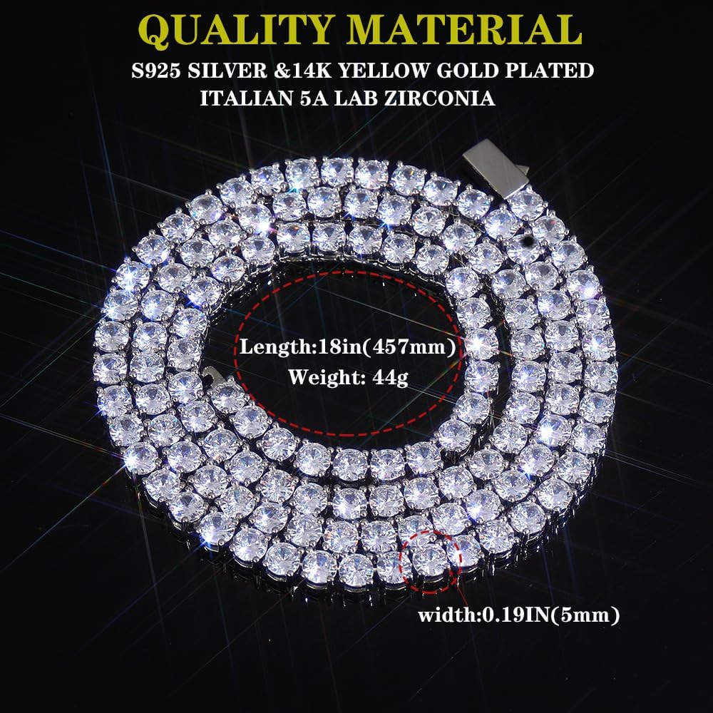 Tennis Necklace for Men & Women | High Polish Platinum Plated Chain with CZ | 5mm Adjustable Faux Diamond Necklace 16-24 Inch | Valentine's Day Gift